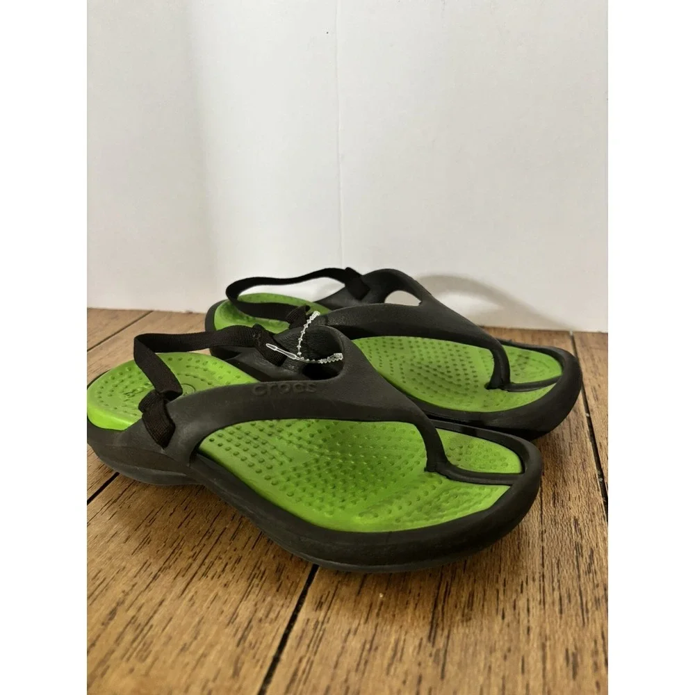 CROCS Toddler Kids ATHENS Flip Flop Thong Sandals Black/ Green Strap C‎ 10 11